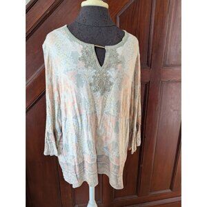 Ruby Rd. Womens XL Boho Lace Keyhole Top Pastel Print Long Sleeves Pink